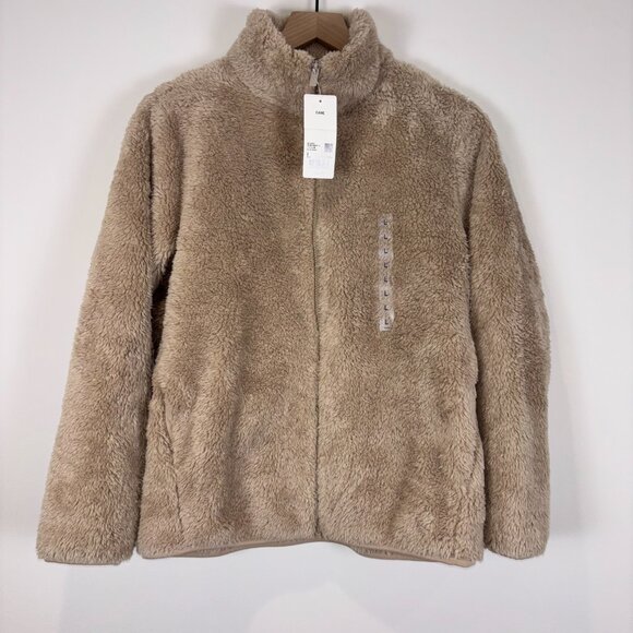 NWT Uniqlo Women’s Fluffy Yarn Fleece Full-Zip Jacket Beige Teddy Coat Large - Picture 1 of 11